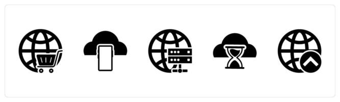 A set of 5 Internet icons as global cart, mobile cloud, global server vector