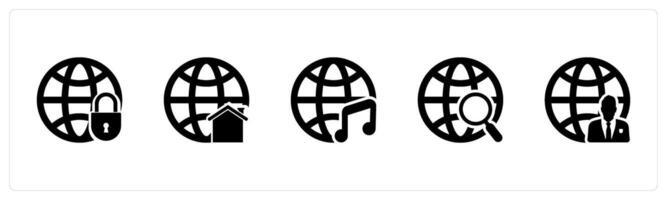 A set of 5 Internet icons as global security, global business, global music vector