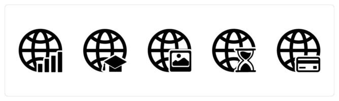 A set of 5 Internet icons as global statistics, global education, global image vector