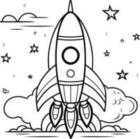 A coloring page with a rocket in the sky vector