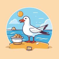 Seagull on the beach with a bowl of food vector