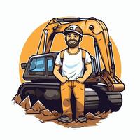 A man with a shovel and excavator standing in front of a bulldozer vector