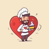 Chef holding a heart shaped cake with a heart shaped icing vector
