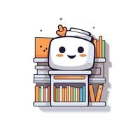 A cute little robot is sitting on a shelf with books vector