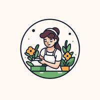 A woman in an apron is working on a flower pot vector