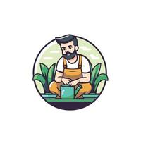 A man with a beard sitting in a field with a watering can vector
