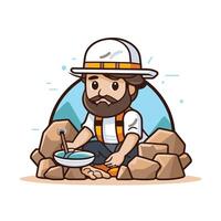 Miner man with hat and beard sitting on rocks vector