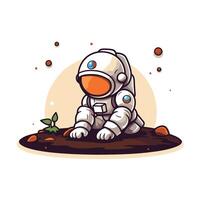 Astronaut sitting on the ground with a plant vector