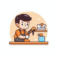 A man is working on a table with a hammer and screwdriver vector