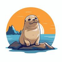 A seal sitting on a rock with the ocean in the background vector