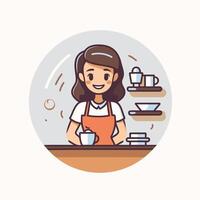 A woman in an apron is standing at the counter vector