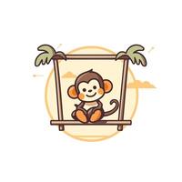 Monkey on swing with palm tree vector