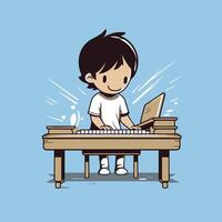 A cartoon boy playing the piano on a computer vector