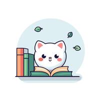 A cat is reading a book on a shelf with leaves vector