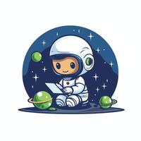 An astronaut sitting on the ground with a tablet vector