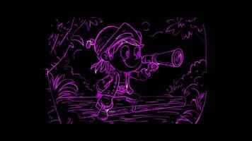 Neon frame effect,Smiling Pirate with a Telescope on black background video