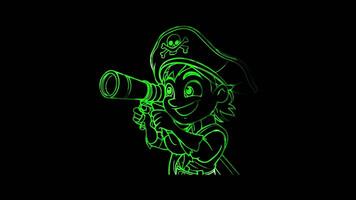 Neon frame effect,Smiling Pirate with a Telescope on black background video
