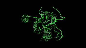Neon frame effect,Smiling Pirate with a Telescope on black background video