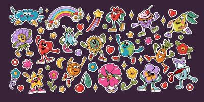 Groovy 70s stickers. Cartoon vintage 60s 70s retro style groovy emblems with abstract flowers and retro hippie symbols. colorful set vector