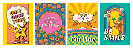 Groovy cartoon posters. Psychedelic retro 70s 80s print with groovy abstract space flowers and psychedelic elements. funky positive banners set vector