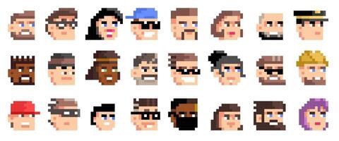 Pixel avatars. Retro 8 bit colorful characters, men and women avatar faces for game, comic book and website. isolated set vector