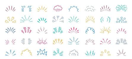Doodle shine sunburst. Abstract retro sun rays elements with sparkle, decorative hand drawn sunburst for background design. isolated set vector