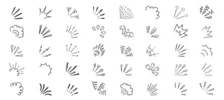Doodle line rays. Abstract radial sunburst light shine spark explosion elements. Hand drawn sun burst sparkle collection vector