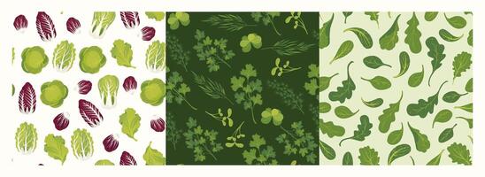 Salad patterns. Seamless print of green vegetable leaf mix, vegan food background for wrapping paper green fresh food textile fabric. texture set vector