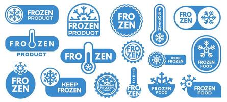 Frozen product label. Keep frozen icons with snowflake, ice cream and meat package, frozen food refrigerated temperature indicator. set vector