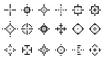 Pixel aim icon. Crosshair for shooting game, bullseye aim target for gun accuracy, crosshairs for sniper and shooter app. flat set vector