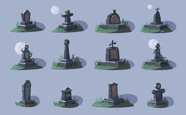 Empty tombstones. Cartoon grave stone with cross RIP inscription, cemetery headstone with empty space for text. funeral memorial isolated set