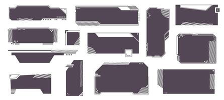 Futuristic text boxes. Abstract digital interface textbox with geometric borders futuristic HUD virtual game frame panel, modern UI dashboard window with controls and callout callouts. set vector