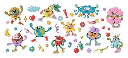 Groovy cartoon characters. Cute 70s 80s retro comic abstract groovy figures, colorful funny doodle psychedelic people with different emotions. isolated set vector
