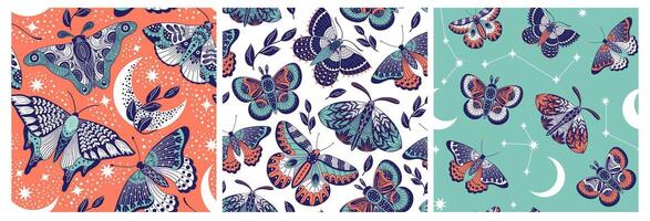 Boho butterfly pattern. Seamless print of moth and astrologic mystic symbols with abstract fantasy insects, ethnic fabric textile design. texture vector