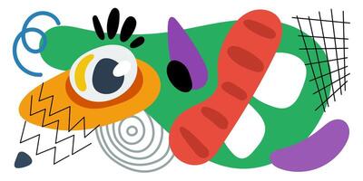 Abstract surreal biomorphic naive graphic shapes collage banner. Modern trendy flowing biomorphic whimsical free forms crazy doodle print. Decorative y2k style artistic placard. Psychedelic artwork vector