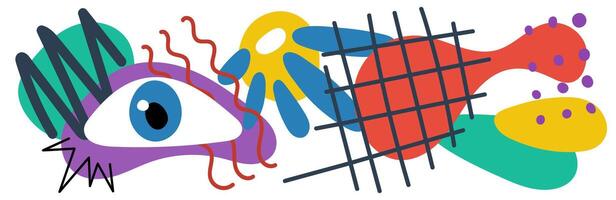 Abstract surreal biomorphic naive graphic shapes collage horizontal banner. Modern trendy flowing biomorphic free forms crazy doodle print. Decorative y2k style artistic placard. Psychedelic artwork vector