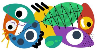 Abstract surreal biomorphic naive graphic form collage banner. Modern trendy flowing biomorphic strange free curves shapes crazy doodle print. Artistic y2k creative composition. Psychedelic artwork vector