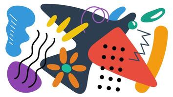 Abstract surreal biomorphic naive graphic shapes collage banner. Modern trendy flowing biomorphic whimsical free curves forms crazy doodle eps print. Decorative y2k artistic cover. Psychedelic artwork vector