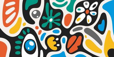 Abstract surreal biomorphic naive graphic shapes collage banner. Modern trendy flowing biomorphic free forms crazy doodle print. Decorative fluidity figures bold artistic pattern. Psychedelic artwork vector