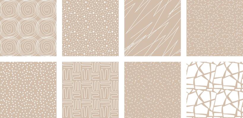 Neutrals color abstract seamless pattern set. Beige endless graphic linear basic shapes print. Trendy neutral colors aesthetic forms backdrop. Contemporary pastel boho style light brown fabric texture