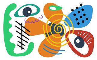 Abstract surreal biomorphic naive graphic shapes collage banner. Modern trendy flowing biomorphic bizarre free forms crazy doodle print. Decorative y2k style artistic placard. Psychedelic artwork. Eps vector