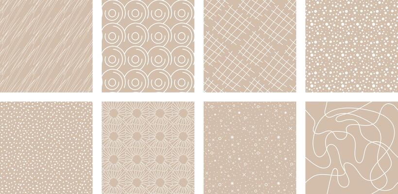 Neutrals color art abstract seamless pattern set. Beige endless geometric linear basic shapes print. Trendy neutral colors aesthetic figures background. Pastel boho style light brown fabric texture
