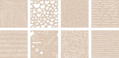 Neutrals color abstract seamless pattern set. Beige endless graphic linear basic shapes print. Trendy neutral colors aesthetic contemporary figures backdrop. Pastel light brown boho style texture. Eps vector