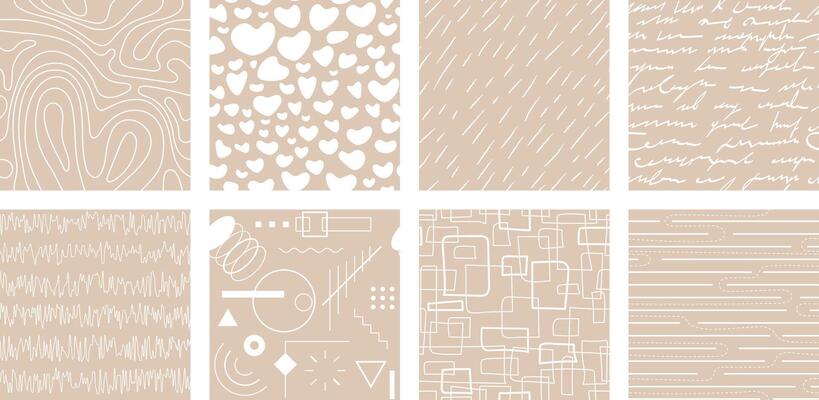 Neutrals color abstract seamless pattern set. Beige endless graphic linear basic shapes print. Trendy neutral colors aesthetic contemporary figures backdrop. Pastel light brown boho style texture. Eps
