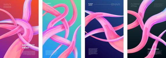 Abstract intertwined plastic fluidity poster set. Modern colorful wavy 3D liquid lines on colored backdrop. Art fluid interlacing abstraction pattern trendy eps print. Gradient flowing weaving strokes vector