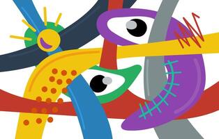 Abstract surreal biomorphic naive graphic shapes collage banner. Modern trendy flowing biomorphic free forms crazy doodle print. Decorative y2k style figures artistic placard. Psychedelic artwork. Eps vector