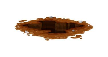 Pit in ground, burrow and dirty deep hole in soil vector
