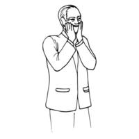 old man standing in suit clutching his face with hands and smiling with happiness - hand drawn doodle vector