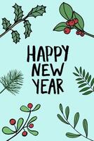 Happy new year grunge phrase on blue vertical background with branches of winter plants and berries vector