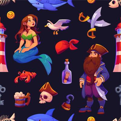 Cartoon pirate game characters seamless pattern